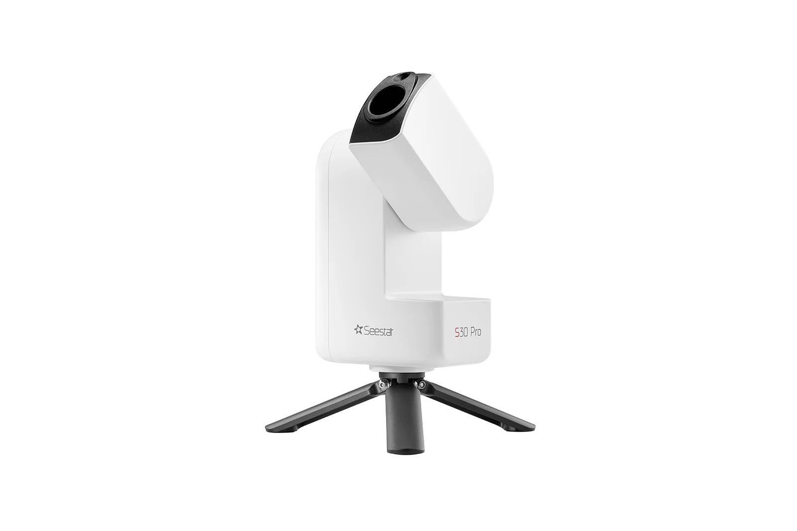 Telescopio inteligente Seestar S30 Pro blanco sobre su trípode de sobremesa, visto de perfil