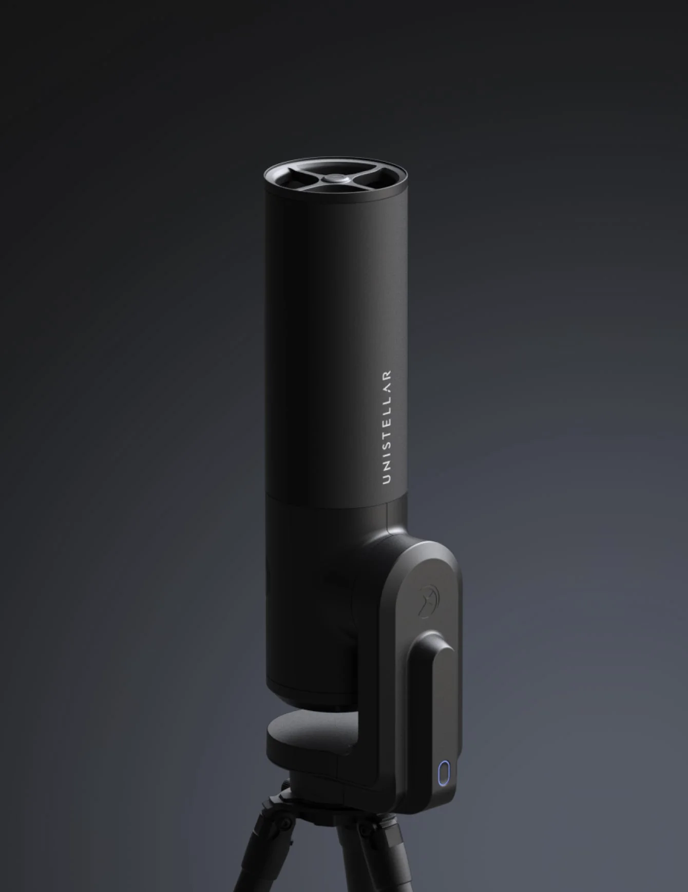 Telescopio inteligente Unistellar eQuinox 2 negro montado sobre su trípode oficial
