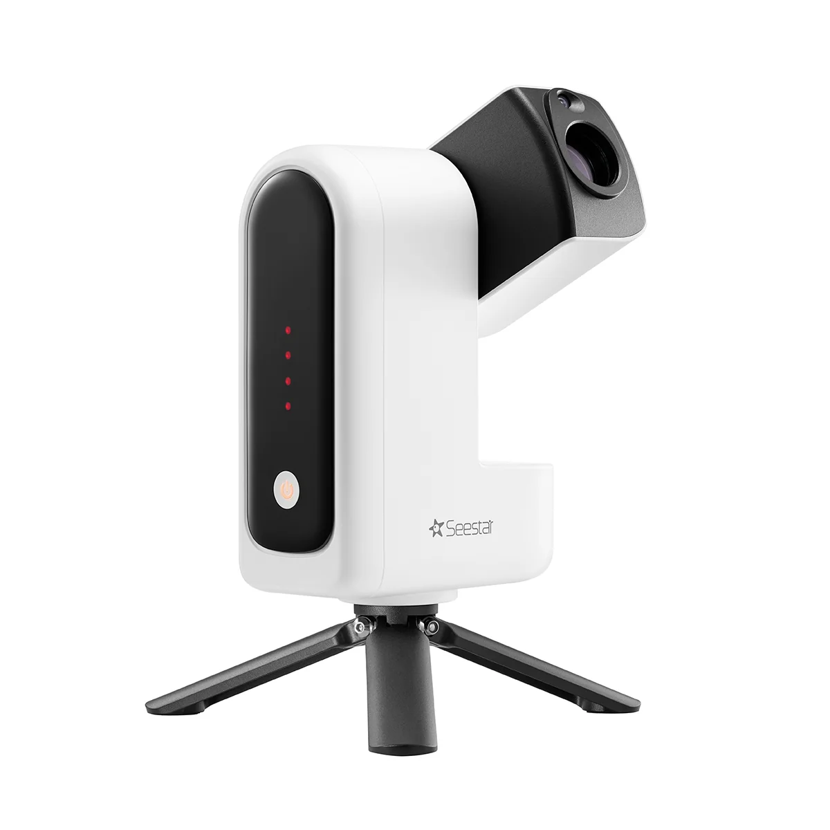 Telescopio inteligente Seestar S30 Pro blanco montado sobre su trípode de sobremesa