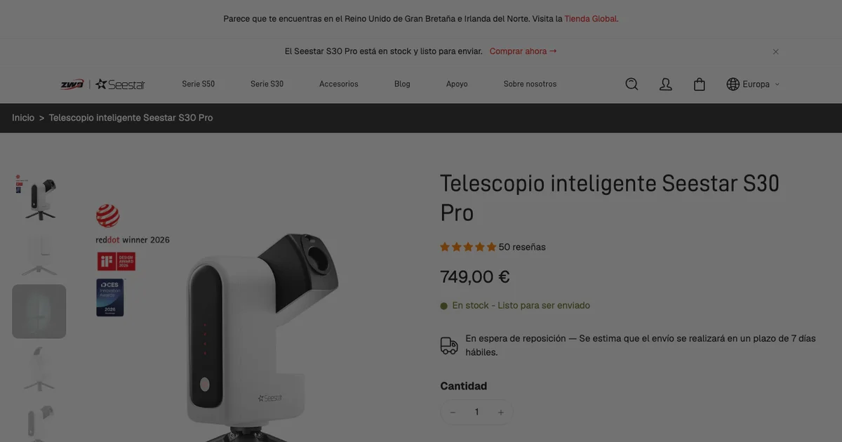 Captura de la ficha del Seestar S30 Pro en la tienda oficial europea de Seestar con el precio de 749,00 euros y el estado en stock
