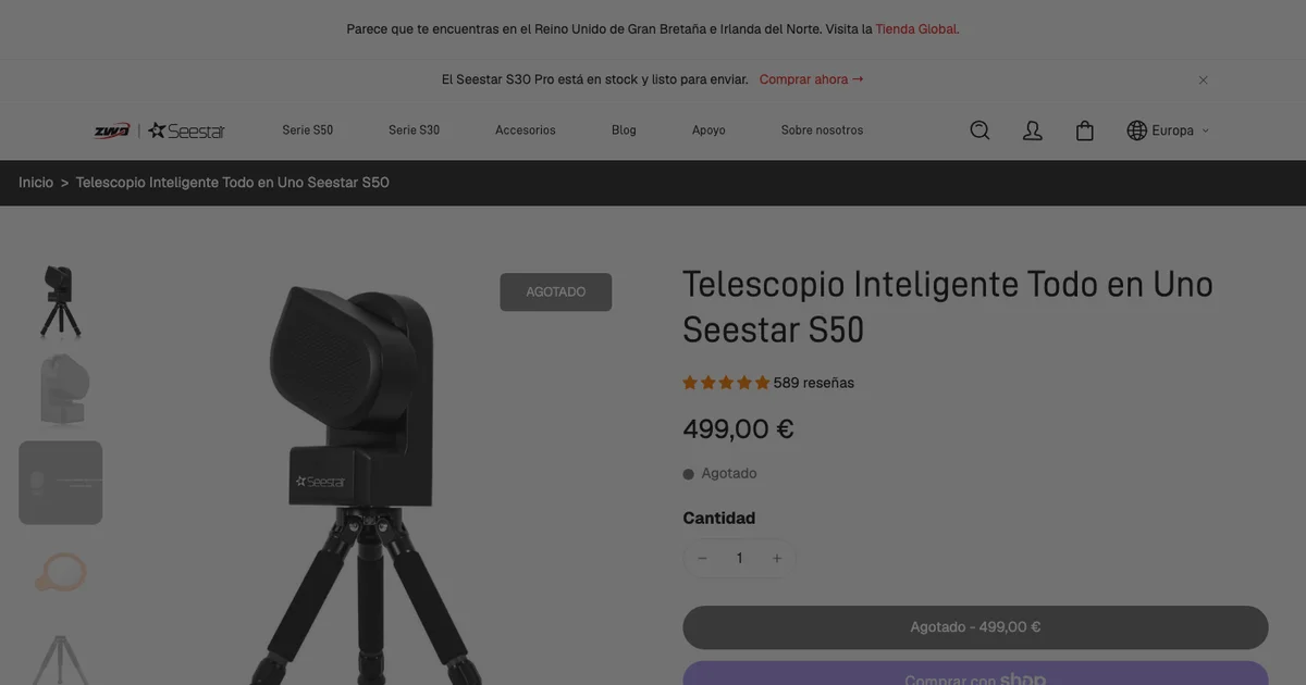Captura de la ficha del Seestar S50 en la tienda oficial europea de Seestar con el precio de 499,00 euros y el aviso de agotado
