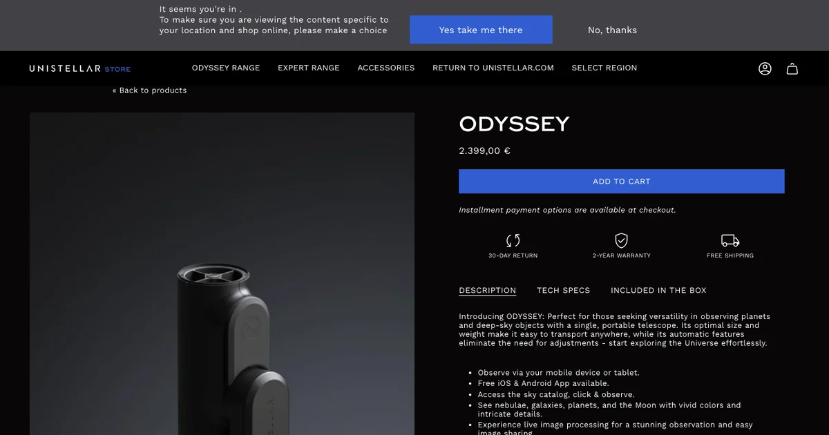 Captura de la ficha del Odyssey en la tienda oficial europea de Unistellar con el precio de 2.399,00 euros y el botón de añadir al carrito