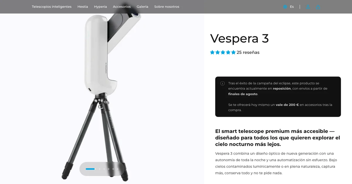 Captura de la ficha oficial española del Vespera 3 en vaonis.com con el aviso de reposición y el vale de 200 euros